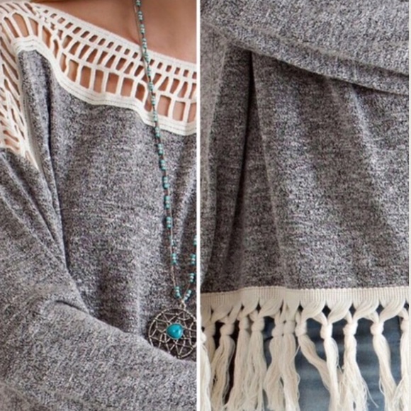 🌺HP 9/19🌺FRENCH TERRY SWEATER w/ CROCHET DETAIL - Picture 2 of 2