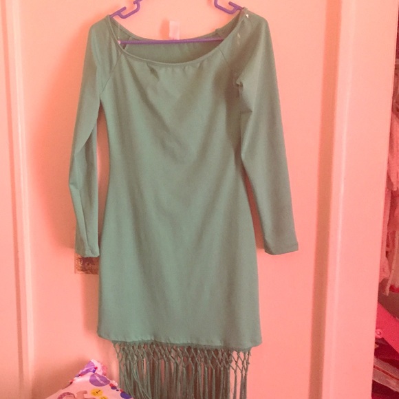 Turquoise body con dress with fringes