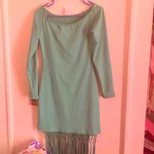 Turquoise body con dress with fringes