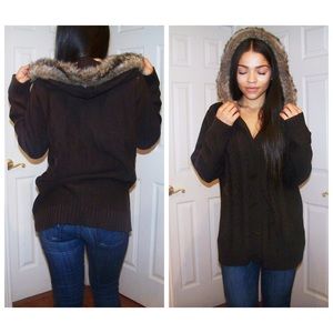 Brown knit fur hooded sweater