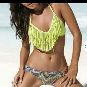 Lime green fringe top  and festive print bottoms