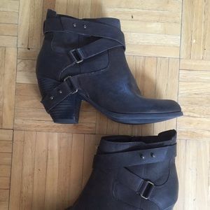 Never worn! Dark brown booties w/brass buckles