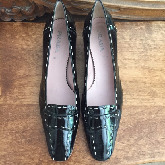 Prada black patent leather kitten heels