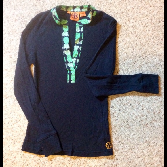 Tory Burch Navy Cotton Shirt with Pineapple Trim