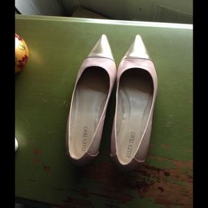 Ellen Tracy pink leather flat with gold tips.