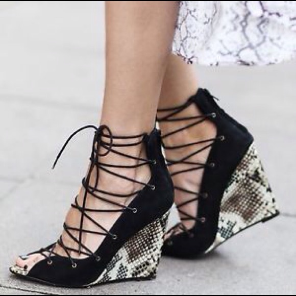 Zara black suede laced up wedge sandals