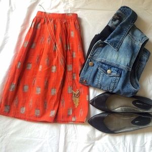 Modcloth skirt in warm red ikat pattern.