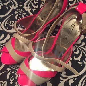 **GUESS NEON PINK AND TAN HEELS** worn once!!