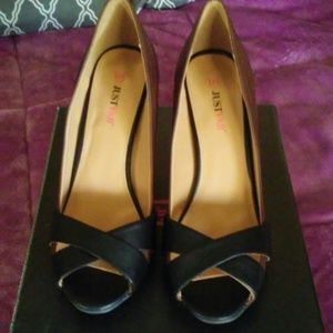 Black/brown open toe wedge heel 8.5