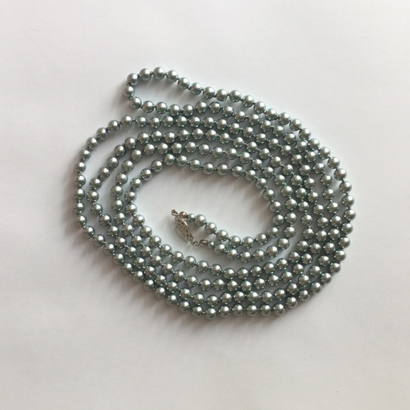 Blue gray long strand pearl necklace
