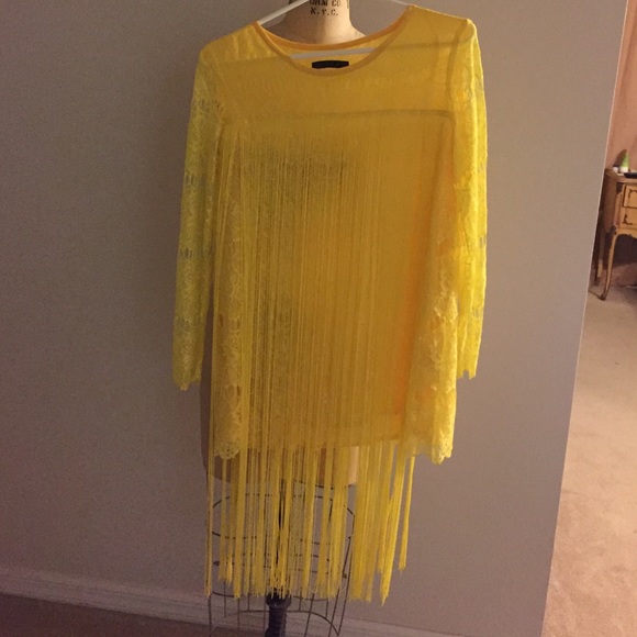 New. Gorgeous yellow lace and fringe tunic top.