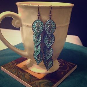 Turquoise/bronze boho leaves earrings