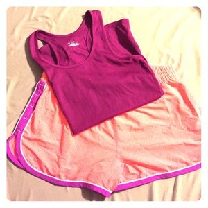 UA shirt shorts neon and purple sz L