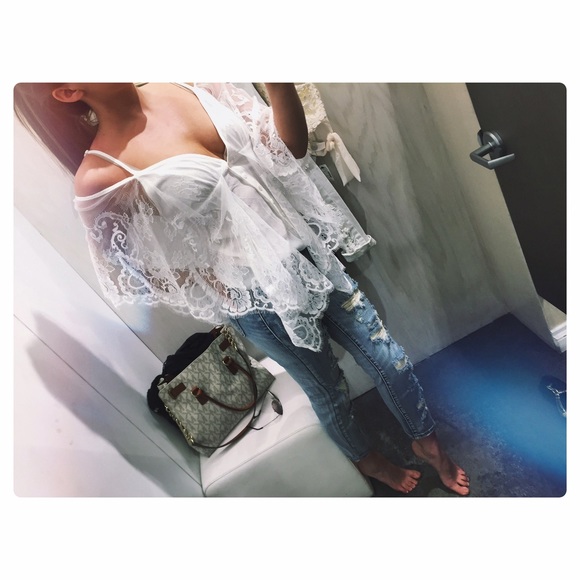 Boutique white eyelash lace & cotton shirt