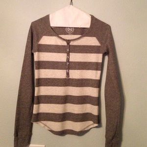 Gray striped Henley T-shirt.