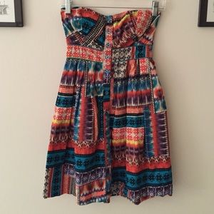 A strapless, Aztec print, cotton summer dress.
