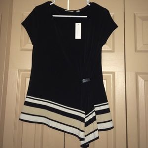 Black dress top with white and beige stripes