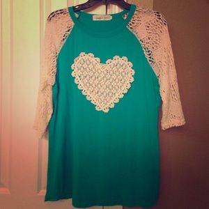 Southern Grace Turquoise & lace heart top size M