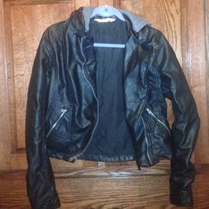 leather Hollister jacket  with gray hood