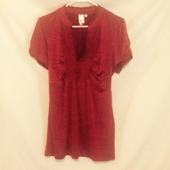 Dark Red V-Neck Ruffle Dress Shirt