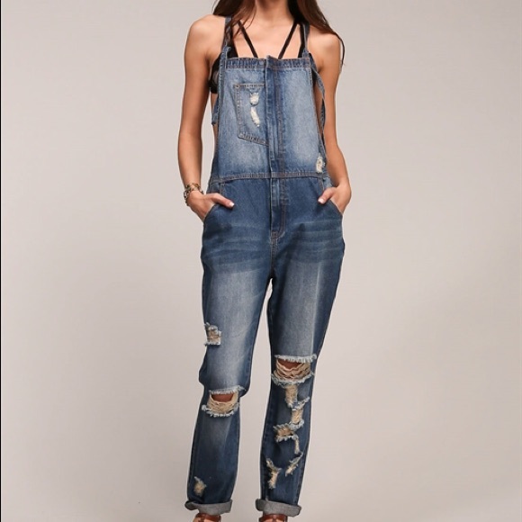 Destroyed boyfriend denim jumpsuit