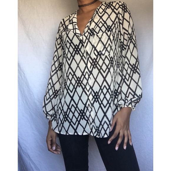 Black and Cream Faux Button Up Blouse