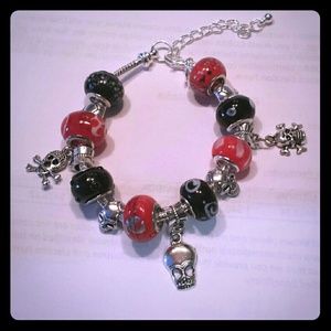 Biker Glassworks Bead European Bracelet w/ Skulls