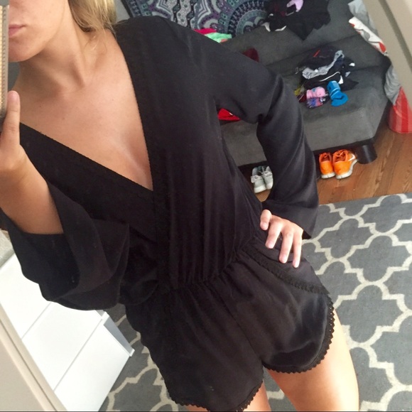 Deep V Neck Black Romper