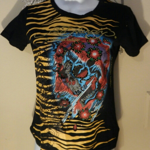 Flowers Rhinestones Skull, Tiger Stripes Tee - Picture 2 of 3
