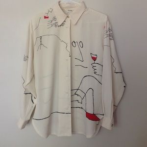 vintage wine glass illustrated button down