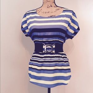 Royal blue, lime green, & black shirt