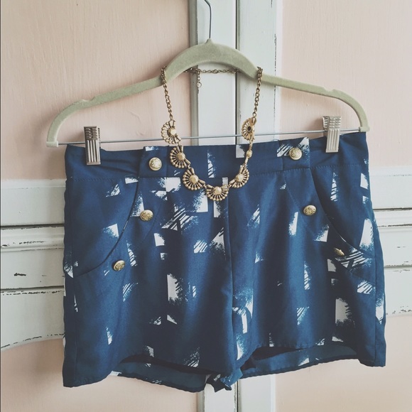 High Waisted Teal Shorts with Gold Buttons - Picture 1 of 3
