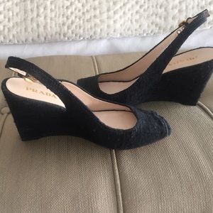 Prada black linen open toe sling back 4 inch wedge