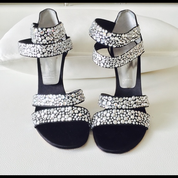 Black satin silver crystal heels
