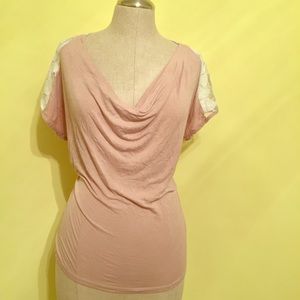 Dusty rose top with lace shoulders and neck