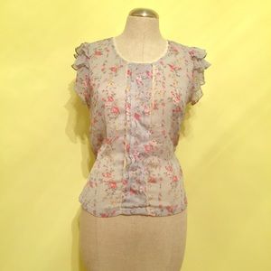 Sheer blue flowered top with ruffle sleeves