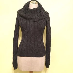 Cowl neck cable sweater in charcoal grey
