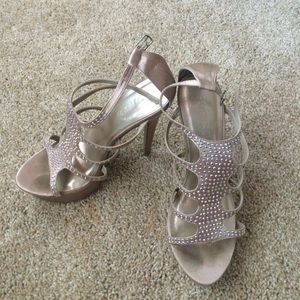 Strapey nude stilettos with silver jewels on front