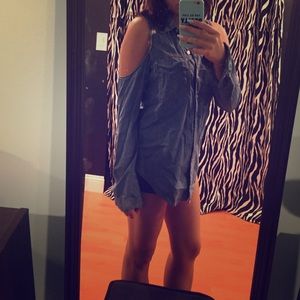 Jean cut out shoulder button down