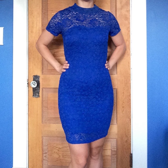 Blue Lace Dress with Illusion Neckline