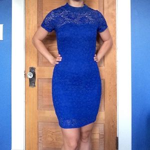 Blue Lace Dress with Illusion Neckline