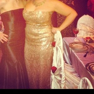 Gold sequenced BCBG floor length dress.