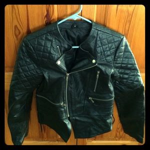 Leather moto jacket-quilted pattern & tied sides