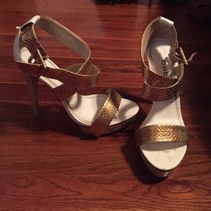 Gold & white BEBE platform heels