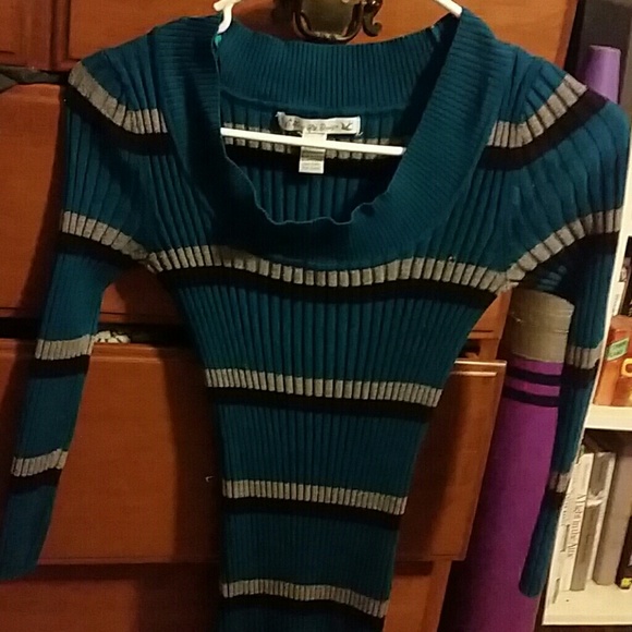Teal Sweater with Black and Gray Stripes - Picture 1 of 3