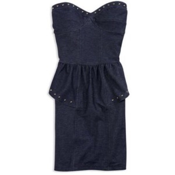 Stretch Denim Strapless Studded Dress