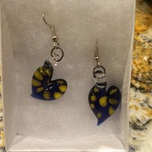 Hand blown glass earrings blue and yellow FIU AZD