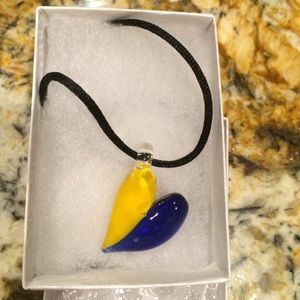 Blue and yellow hand blown glass necklace