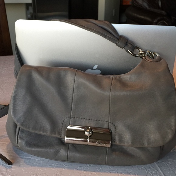 Gray leather over the shoulder purse