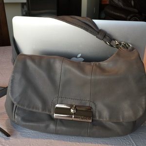 Gray leather over the shoulder purse
